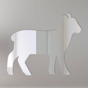 Lamb-shaped mirror with 'Welcome' sign hanging from a rustic twine.