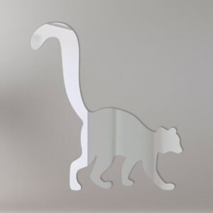 Lemur-shaped mirror with reflective surface and hanging fixture.