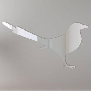 Decorative 'Magpie Mirror' sign with reflective surface and bird design.