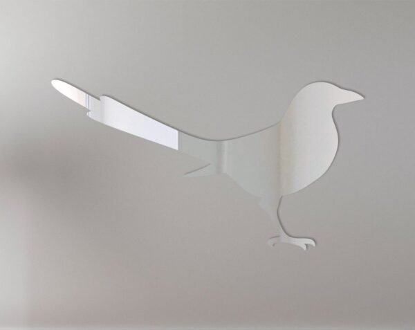 Decorative 'Magpie Mirror' sign with reflective surface and bird design.