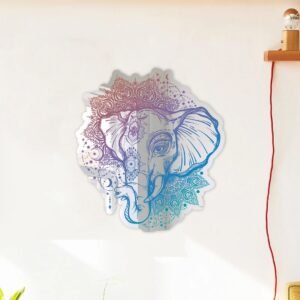 Elephant-shaped mirror with colorful mandala patterns.