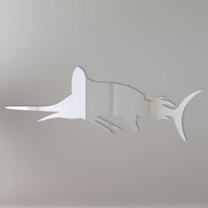 Decorative Marlin-shaped mirror with 'Welcome Aboard' text.