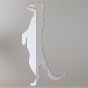 Meerkat-shaped mirror with reflective glass and wooden frame.