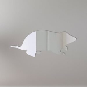 Decorative mirror shaped like a mole with a hanging sign.