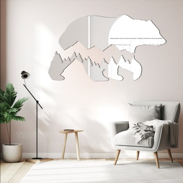 Wall mirror featuring bear and mountain art.