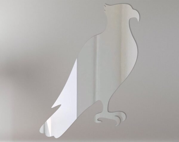 Osprey-shaped mirror with reflective glass and rustic frame.