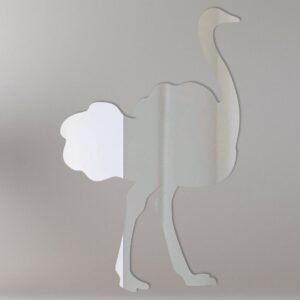 Ostrich-shaped mirror sign with reflective surface and colorful border.