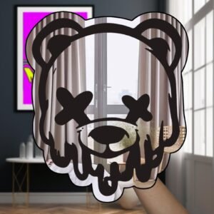 Panda-shaped mirror with dripping paint design.