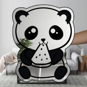 Panda reflection in mirror while eating watermelon.