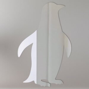 Penguin-shaped mirror with 'Welcome' text on its belly.