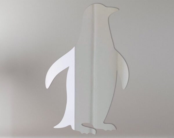 Penguin-shaped mirror with 'Welcome' text on its belly.