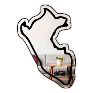 Minimalist mirror with Peru's outline etched on it.