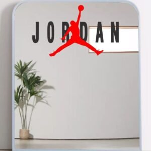 Sneaker selfie mirror with Air Jordan print for decor.