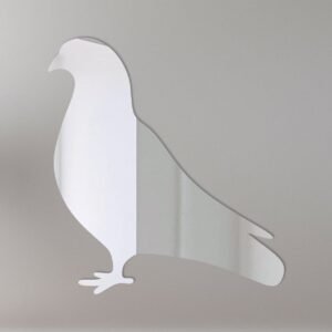 Pigeon-shaped mirror with 'Welcome' text in reflective surface.