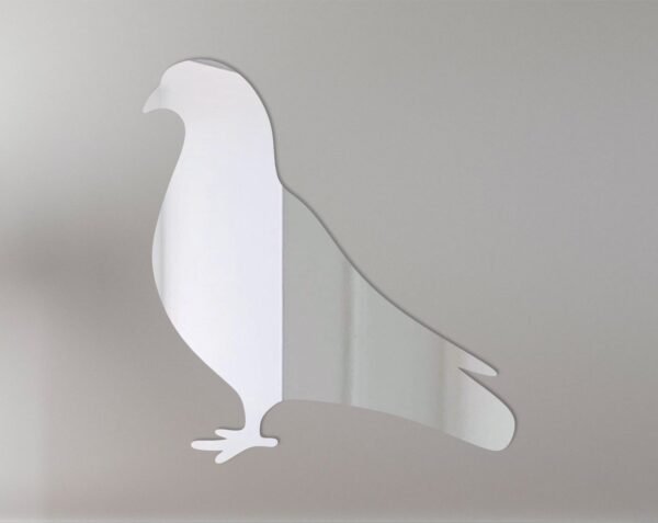 Pigeon-shaped mirror with 'Welcome' text in reflective surface.