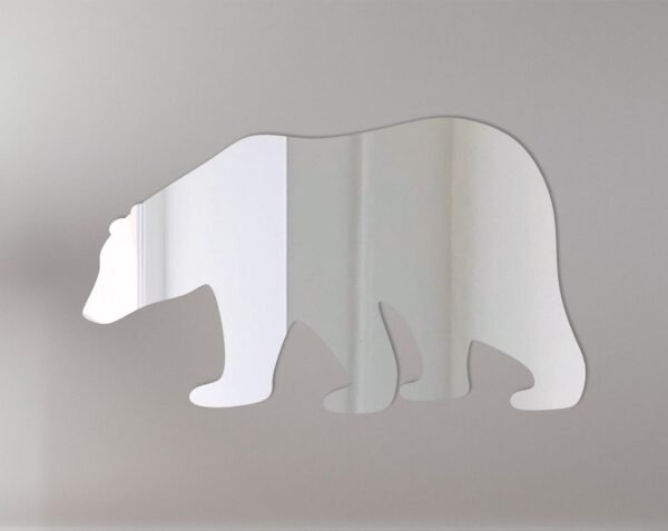 Polar bear-shaped mirror with 'Welcome' sign etched at the bottom.