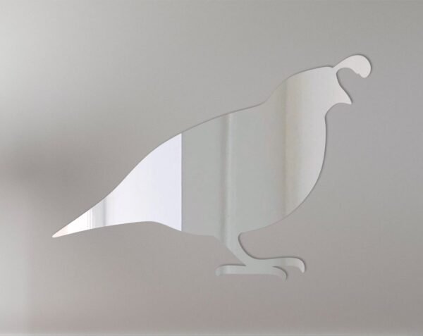 Decorative quail-shaped mirror with wooden frame and hanging sign.