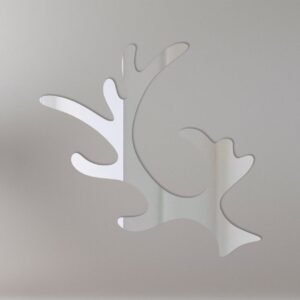 Mirror sign shaped like reindeer antlers with festive decorations.