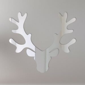 Mirror shaped like a reindeer head with reflective surface.