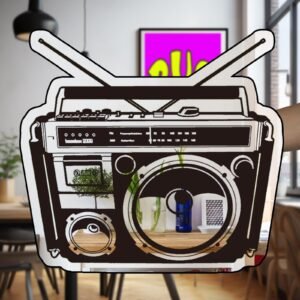 Vintage-style boombox-shaped mirror with reflective glass and detailed speaker design.