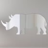 Reflective rhinoceros-shaped mirror sign on white background.