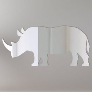 Reflective rhinoceros-shaped mirror sign on white background.