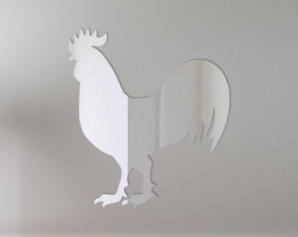 Mirror sign featuring a bold rooster design with reflective surface.