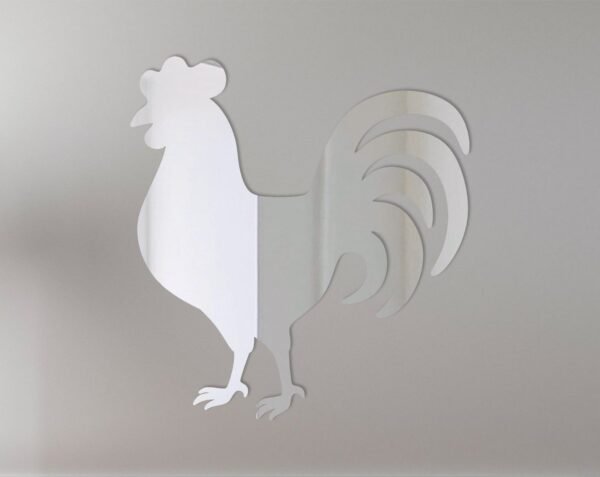 Decorative rooster-shaped mirror with intricate border design.