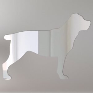 Rottweiler silhouette reflected in a mirror with a sign.