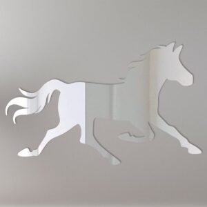 Reflective mirror sign featuring a galloping horse silhouette.