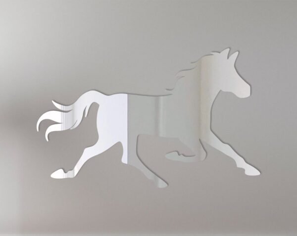 Reflective mirror sign featuring a galloping horse silhouette.