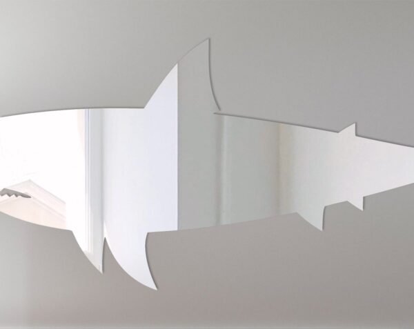 Decorative Shark 4 mirror sign with reflective surfaces and playful design.