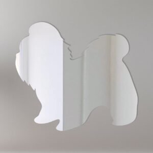 Shih Tzu-shaped mirror with 'Welcome' sign.