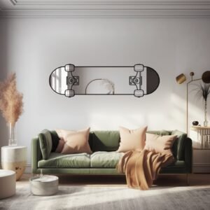 Wall mirror shaped like a skateboard deck