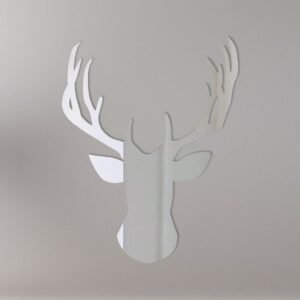 Decorative stag-shaped mirror with antler details and a wooden frame.