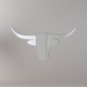 Steer head-shaped mirror with decorative sign accents.