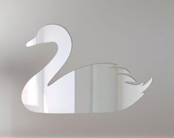 Decorative mirror shaped like a swan with reflective surface.