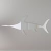 Swordfish-shaped mirror with reflective surface and wall mount.