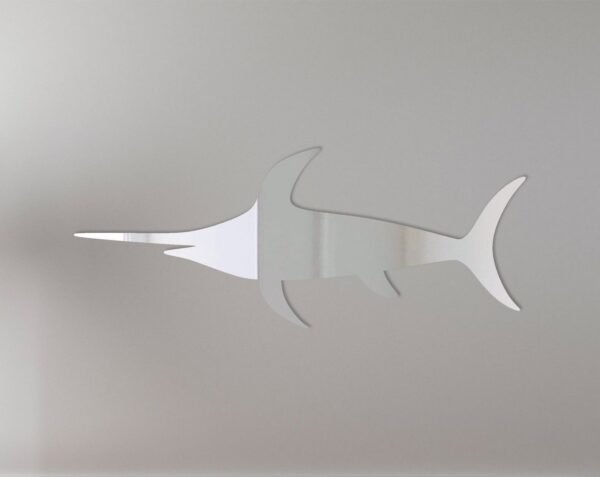 Swordfish-shaped mirror with reflective surface and wall mount.