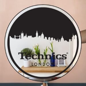 Tech London Mirror displaying time and weather on its surface.