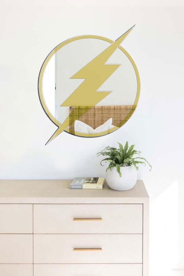 Wall mirror featuring The Flash's iconic lightning bolt emblem design