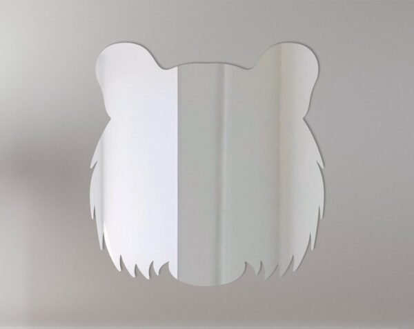 Tiger head design on circular mirror with neon sign.