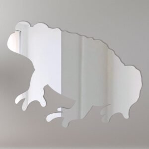 Reflective toad-shaped mirror with 'Welcome' sign hanging from a branch.