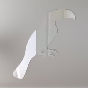 Colorful toucan-shaped mirror with reflective surface and hanging fixture.