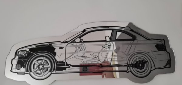 BMW 135i (E82) Blueprint Mirror featuring detailed car blueprint design.