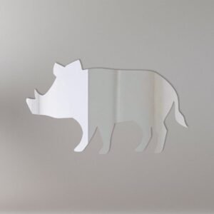 Decorative warthog-shaped mirror with 'Welcome' sign.