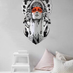 Mirror with tattoo artist reflecting woman in Native American war bonnet.