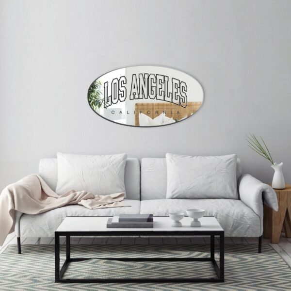 Los Angeles California Oval Mirror - Black Painted with White Varsity Lettering