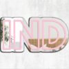 "Rose pink irregular mirror with 'IND Indianapolis Airport' design"
