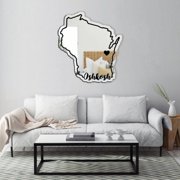 "Irregular mirror with cursive 'University of Wisconsin Oshkosh' state design"